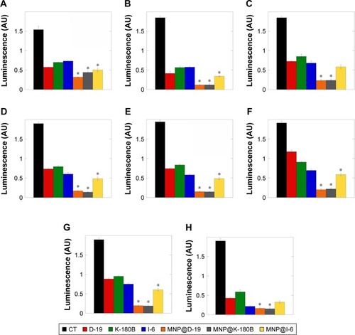 Figure 4 MNPs enhance antibacterial properties of 1,4-DHP derivatives in the presence of human body fluids.Notes: The ability of 1,4-DHP in free and immobilized on MNPs surface forms to restrict metabolic activity and viability of Pseudomonas aeruginosa Xen5 in the presence of LB broth and some body fluids: (A) LB broth media; (B) plasma; (C) serum; (D) saliva; (E) cerebrospinal fluid; (F) abdominal fluid; (G) fluid from the pleural cavity; and (H) urine. Results represent mean ± SD obtained from three experiments. *Statistically significant (P≤0.05) activity of MNPs decorated by 1,4-DHP compared to nonimmobilized agents.Abbreviations: 1,4-DHP, 1,4-dihydropyridine; CT, control; LB, Luria-Bertani; MNPs, magnetic nanoparticles.