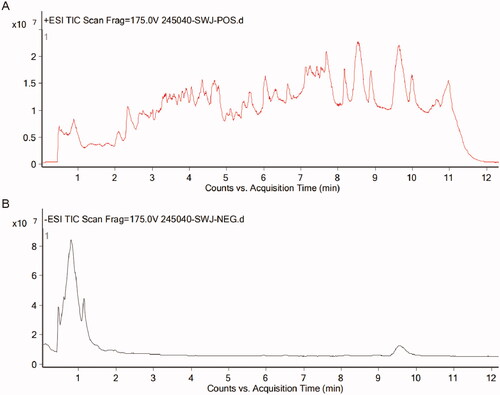 Figure 2. Total ion chromatograms of QRHX analysed by UPLC-MS. (A) Positive ion mode; (B) Negative ion mode.