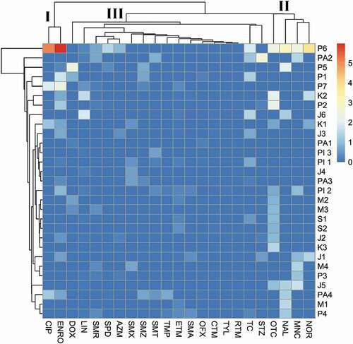 Figure 3. Heatmap of 23 detected antibiotics clustered by concentration profiles in 29 aquaculture farms. Each cell represents the detection concentrations of antibiotic in each farm after logarithmic transformation (log ng/L). The dendrogram presented the sample site cluster analysis on the vertical axis and three antibiotic clusters on the horizontal axis (I, II and III)