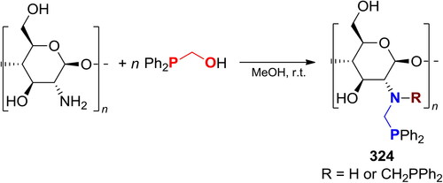 Scheme 189. 2C-Phospha-Mannich reaction of Ph2PCH2OH with NH2-groups of chitosan.[Citation661]