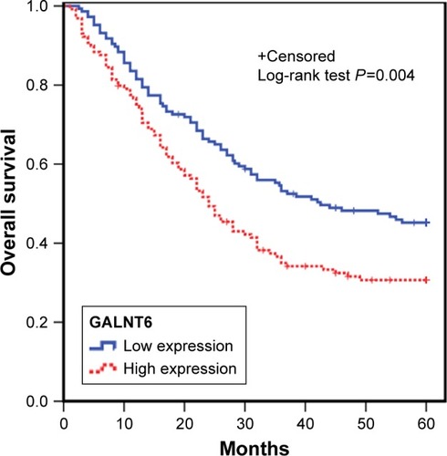 Figure 3 Analyses of overall survival based on the expression of intratumoral GALNT6 in patients with GC (n=275).