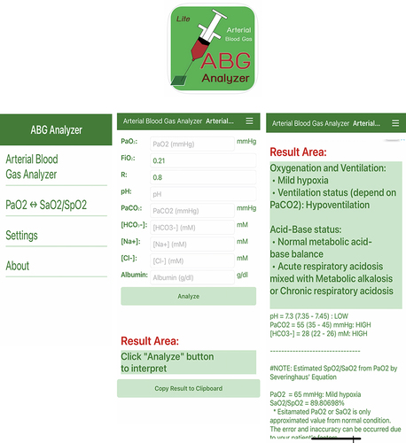 Figure 2 Screen snapshot of ABG Analyzer (Lite).
