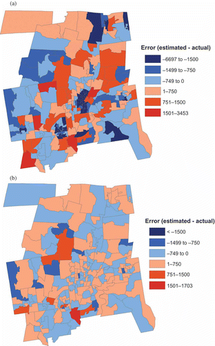 Figure 6. Spatial distribution of error by pseudo-tract for the 50 GWR3 PTRC model (a) before scaling, (b) after scaling.