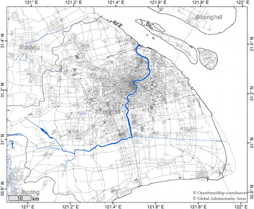 Figure 3. Road network and major rivers in Shanghai according to OpenStreetMap (Citation2014) and administrative boundaries from Hijmans (Citation2009).