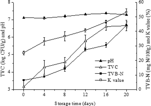 FIGURE 2 Changes in pH, TVB-N, K-value, and total viable counts (TVC) of turbot during refrigerated storage for 20 days.