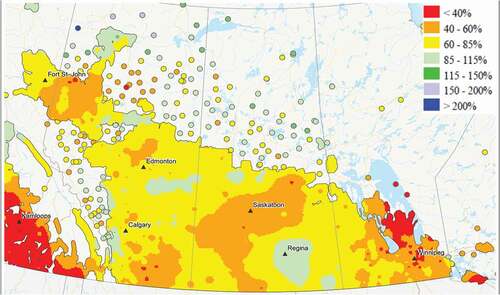 Fig. 2 Percent of average precipitation in the Canadian Prairies from early May to late July of 2021. Normal precipitation based on 1981-2010. (Agriculture and Agri-Food Canada Citation2021).