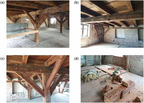 Figure 4. Photographs of the roof framework from the monastery of congregation of the sisters of St. Catherine in Orneta (Poland) before starting construction work (a-c) and when the works are carried out (d).