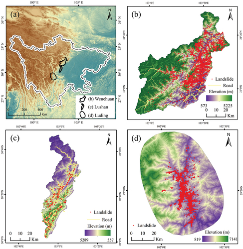 Figure 1. Locations of the study areas and landslide distributions. (a) The geographic location of the three study areas in Sichuan Province. (b) Wenchuan County as a source area. (c) Lushan County as a target area. (d) Luding County as a target area.