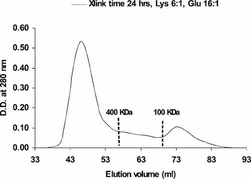 Figure 3 Elution profiles of 24 hours crosslinked PolyHb were obtained by running on a Sephacryl-300 HR 1.6 cm × 70 cm column, equilibrated with 0.1 M Tris · HCl pH 7.5, and eluted at 15 ml/hr. The percentage of molecular weight less than 100 KDa is 16%.