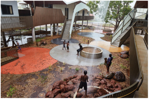 Rain waterfalls, patterns of dappled light and visual connections with nature. The Walumba Elders Centre (Warmun Community, Western Australia, 2014). Photographer: Peter Bennetts.