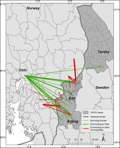 Fig. 3. Cross-border commuters by place of residence and place of work; residence places with more than five cross-border commuters; line thickness is relative to the number of commuters, for residence municipalities Eda, Årjäng, and Torsby