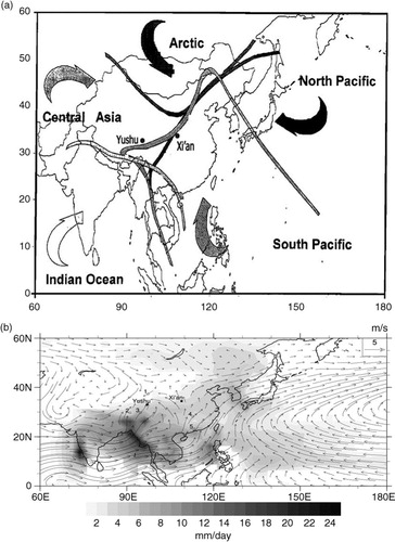Fig. 1 Map of reported sites in this study. (a) Distribution of stations in the atmospheric circulation map over East Asia by Araguas-Araguas et al. (Citation1998). (b) Seasonal precipitation difference (JJA-DJF) and 850-hPa wind streams during July–September. Black dots in both panels refer to our sampling sites, and numbers refer to other stations subjected to lagged correlation analysis in this study: (1) Delingha (37°22′N, 97°22′E), (2) Lhasa (29°40′N, 91°7.8′E), (3) Lulang (29°46′N, 94°43′E), (4) Changsha (28°13′N, 112°55′E), and (5) Guangzhou (23°10′N, 113°19′E). Wind data are derived from monthly long-term averages during 1981–2010 in the NCEP/NCAR reanalysis data (Kalnay et al., Citation1996), and precipitation data derived from those in the GPCP version 2.2 data set.