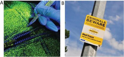 Figure 1. A) Forensic traceable marking under UV light and B) MetTrace deterrent signage. Image Courtesy of SmartWater Group Ltd©.