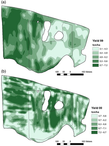 Figure 6. Yield from 1999 (a) and 2000 (b). The smaller area were PR was measured in spring 2004 is indicated in the maps. All maps are displayed using quintiles.