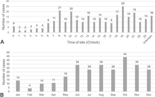 Figure 1 Numbers of cases of GPV bite reported each month (A) and the time of day (B).