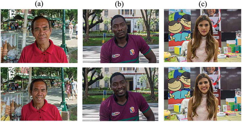 Figure 2. Example non-stock pictures: (a) Asian mature male, (b) Black young male, and (c) White young female, not smiling (top row) and smiling (bottom row)