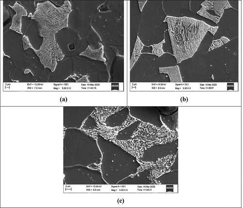 Figure 3. SEM images of AISI1040 steel in different conditions (a) As bought (b) Normalized (c) Ferrite and feathery bainite