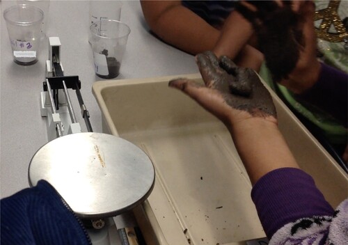Figure 1. Students make a comparison between the soil sample and a sausage during the soil identification lab.