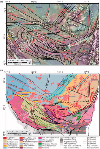 Figure 4. Interpretation of the major faults and shear zones shown on: (a) a semitransparent grey-scale 1VD RTP magnetic intensity image draped on a Bouguer gravity image (cool colours indicate lower density); and (b) a simplified basement geology map of the southern Thomson Orogen (after Purdy et al., Citation2018) with the positions of deep crustal and basin seismic reflection lines illustrated in the paper. BF: Bundarra Fault; CaFZ: Caiwarro Fault Zone; CuFZ: Currawinya Fault Zone; DF: Dungarvon Fault; GF: Gumbalie Fault; GuF: Gundabooka Fault; LMF: Little Mountain Fault; MDF: Mount Druid Fault; MOF: Mount Oxley Fault; MYF: Mount Young Fault; MTF: Mulga Tank Fault; MF: Myrt Fault; PF: Purnanga Fault; RF: Rookery Fault; RHF: Rose Hill Fault; TF: Tongo Fault; TWFZ: Tooley Wooley Fault Zone; VF: Valetta Fault; WRF: Willies Range Fault; WF: Wuttagoona Fault.