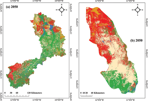 Figure 10. Predicted LULC maps 2050 of a) Bafing and b) Faleme.