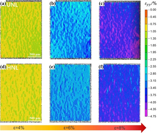 Figure 5. The evolution of strain distributions in GNS/Al-Cu-Mg composites with different grain structures during tensile deformation, as measured by DIC tests: (a–c) Composites with the UNL structure; (d–f) Composites with the HNL structure.