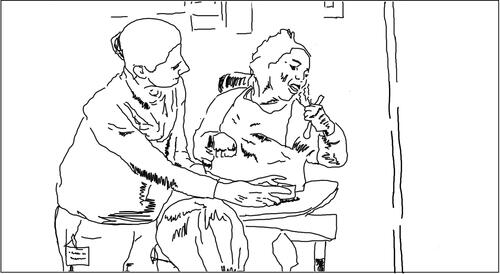 Figure 3. Line drawing from video still of Grace (right) resisting physical help from the researcher (left), Grace vocalises ‘I do it!’.