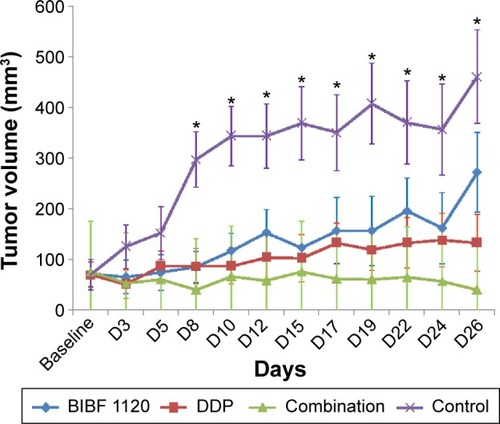 Figure 2 Effect of BIBF 1120, DDP, or combination on the growth of HNE-1 xenografts.