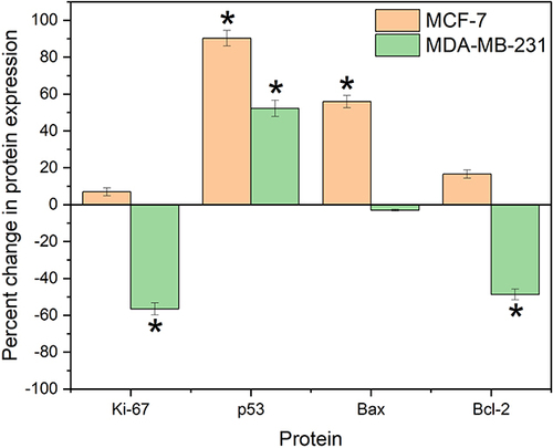 Figure 9 Expression of Ki-67, p53, Bax and Bcl-2 in breast cancer cells lines MDA-MB-231, MCF-7 treated with dextran-polyacrylamide/ZnO NPs from zinc sulphate (D-PAA/ZnO NPs(SO42-)). Line “0” is basic protein expression. (M±SD, *p<0.05).