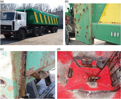 Figure 1. General view (a,b) and corrosion damage (c,d) of a dump semi-trailer used in transportation of fertilizers after one season of operation.