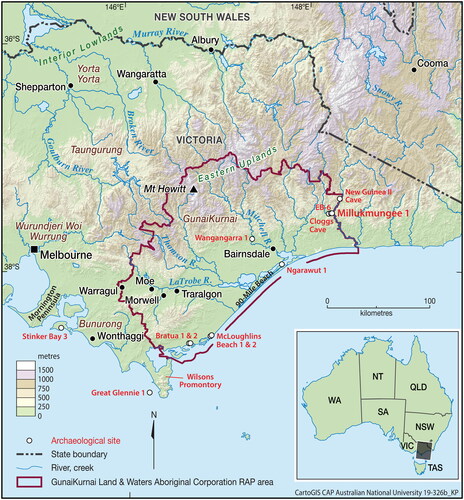 Figure 1. Study region showing location of published and recently excavated but currently unpublished archaeological sites in and near the GunaiKurnai Land and Waters Aboriginal Corporation Registered Aboriginal Party area.