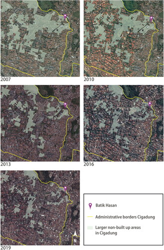 Figure 3. Urbanisation areas Batik Cigadung (Source: Google Earth Imagery Citation2007, Citation2010, Citation2013, Citation2016, and Citation2019).