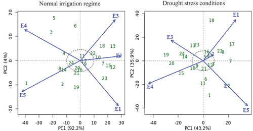 Figure 3. AMMI biplot of PC1 vs PC2 for seed yield with twenty-four cotton genotypes (green color) and five environments (blue color) under normal irrigation regime and drought stress conditions. The genotypes and environment key names can be found in Table S1 and Figure S1, respectively.
