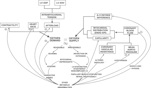 Figure 1 Global relationships and positive feedback loops relating to the inequality of myocardial oxygen supply and demand.Many of the global relationships and positive feedback loops relating to the inequality of myocardial oxygen supply and demand have not changed in many years, although molecular, electrophysiological, conceptual, and technological advances have been considerable. Myocardial energy imbalance is central to all ischemic syndromes: angina, myocardial infarction, and cardiogenic shock. The variables determining myocardial oxygen supply (right) are altered by negative feedback loops from complications of poor left ventricular function (center, lower cycle). Those factors affecting myocardial oxygen demand (left, as heart rate, afterload, preload, contractility) are altered by positive feedback loops from those events perpetuating systemic features. An increase in left ventricular end-diastolic pressure (LV-EDP) or volume (LV-EDV) increases preload according to LaPlace’s Law. Both the negative feedback on oxygen supply and the positive feedback on oxygen demand tend to further the inequality between the two and may jeopardize poorly perfused myocardial tissue. When ischemia progresses beyond the reversible stage of angina and myocardial necrosis follows, well-known hemodynamic, metabolic and mechanical sequellae may occur. Reproduced with permission from Kones, 1973.Citation65