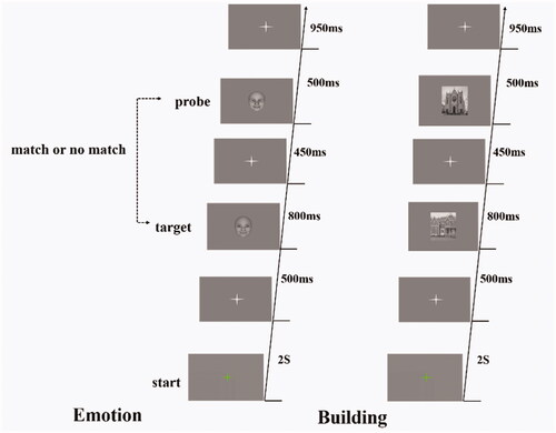 Figure 1. Trial schematic. Participants performed category discrimination against the probe (second picture) according to the category of target (the first picture), press “1” for consistency and press “2” for inconsistency.