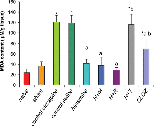 Figure 1.  Effects of histaminergic ligands on hepatic lipid peroxides contents (measured as MDA). Rats were subjected to either sham operation or hepatic ischemia followed by re-perfusion. I/R-operated rats were pre-treated three times (at 24, 12, and 0 h) before induction of ischemia with control vehicle(s), histamine (20 mg/kg, SC), mepyramine (3 mg/kg, SC 15 min prior to histamine), ranitidine (10 mg/kg, SC 15 min prior to histamine), thioperamide (5 mg/kg, SC 15 min prior to histamine), or clozapine (15 mg/kg, SC). Hepatic lipid peroxides contents (i.e., MDA) were determined at the end of the re-perfusion period. Data are presented as mean (± SD; n = 8/group) MDA content (µM/g tissue). Value is significantly different from the * sham-operated, a I/R, or b histamine group at p < 0.05. H, histamine; M, mepyramine; R, ranitidine; T, thioperamide; Cloz, clozapine.