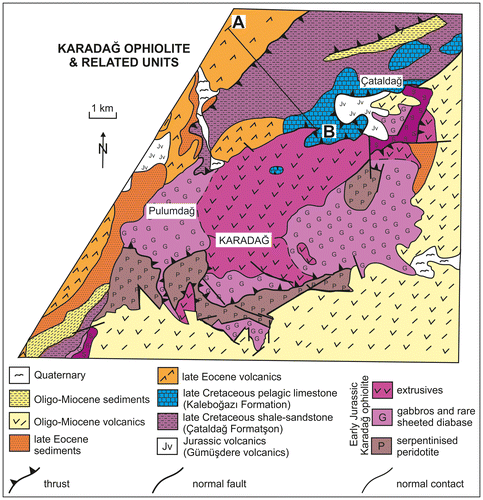 Figure 17. Outline tectonic map of the Karadağ ophiolite and related units (see Figure 3). The Karadağ ophiolite includes well-preserved upper crustal rocks (layered and isotropic gabbros and basaltic extrusives). Sheeted dykes are locally exposed as small slices associated with ophiolitic gabbro (in the central south of the outcrop). The ophiolitic rocks are structurally overlain by Jurassic–Cretaceous sedimentary and volcanic rocks related to the Eurasian continental margin (compiled from Konak et al., Citation2001; Konak & Hakyemez, Citation2008b; Parlak, Çolakoğlu, et al., Citation2013 and this study). For section A–B see Figure 25(b).