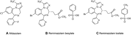 Figure 2 Chemical structures: (A) midazolam, (B) remimazolam besylate, (C) remimazolam tosilate.