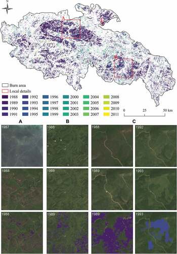 Figure 5. Logging map of 5.6 Fire burn area in the northernmost part of the Greater Hinggan Mountain area in 1988–2011. (Three details of post-fire first and secondary logging were indicated by the red frames: A – B shows post-fire logging in 1988 and 1989, respectively, and C shows secondary logging in 1993. The Landsat 5 TM images are shown with bands 3, 2, and 1 as RGB).