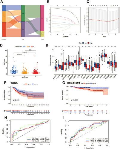 Figure 5 Construction of an immunogenic cell death prognostic genes (IPGs)-based survival model for prognosis prediction of CC. (A) Sankey diagram showing the distribution of immunogenic death-related genes (IRG) clustering groups, risk, and survival outcomes. (B) The least absolute shrinkage and selection operator (LASSO) regression of IPGs. (C) Cross-validation for adjusting the parameter selection in the LASSO regression. (D) Differences in risk scores among patients in the three IRG clustering groups (p < 0.05). (E) Differences in IRG expression in the high-risk and low-risk groups (*p < 0.05, **p < 0.01, and ***p < 0.001). (F and G) Kaplan–Meier survival curves in patients with CC in the experimental group (F) and test group (G) (p < 0.05). (H and I) The receiver operator characteristics curves showed the predictive efficiency of risk scores in the Cancer Genome Atlas (TCGA) cohort experimental group (H), and the Gene Expression Omnibus (GEO) cohort test group (I).