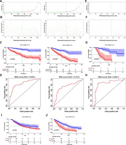 Figure 8 Construction and validation of a model for predicting overall survival of ccRCC patients. (A) Correlation of risk score and number of patients in the training cohort (left panel) and testing cohort (right panel). (B) Correlation of survival and number of patients with high risk and low risk in the training cohort (left panel) and testing cohort (right panel). (C) Kaplan–Meier survival curve showing survival of patients with high and low risk in the training cohort (left panel) and testing cohort (right panel). (D) ROC curve of 5-year survival for the training cohort (left panel) and testing cohort (right panel). (E, F) Distribution of the risk score (E) and survival status (F) in the external validation cohort. (G) Kaplan–Meier survival curve showing the survival of patients with high and low risk in the external validation cohort. (H) ROC curve of 3-year survival for the validation cohort. (I) Kaplan–Meier survival curve showing survival of patients with high and low risk in the metastatic urothelial cancer cohort. (J) Kaplan–Meier survival curve showing the survival of patients with high and low risk in the renal cell carcinoma cohort.