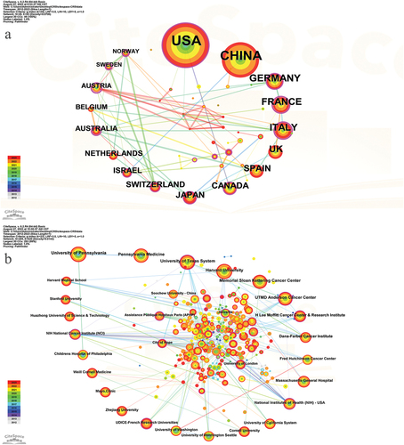 Figure 2. The co-occurrence map of countries (a) and institutions (b) in the CAR-T cell-related CRS field.