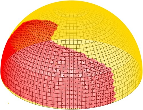 Figure 12. Tested points with the trained SVM model. Red points are classified as covered and the yellow points are classified as uncovered. Black points are the projected DSM points.