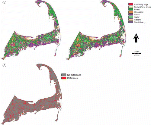 Figure 1. Land-cover maps produced by (a) non-spatial random forest classifier (top left), (b) random forest Getis classifier using 11 × 11 pixels moving window (top right) and (c) difference map of non-spatial random forest and random forest Getis (11 × 11 pixels) land-cover maps (bottom left).