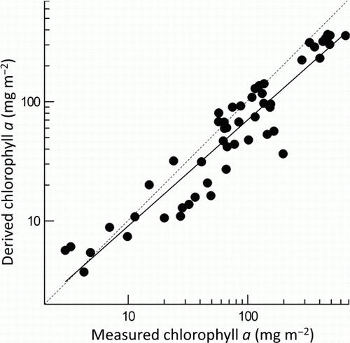 Figure 6  Chlorophyll a derived from visual estimates made by three observers at three sites on three occasions, using the conversion factors in Table 5, plotted against measured chlorophyll a. Each point is the mean of chlorophyll a samples and visual assessments at 20 points. The solid line indicates the best fit regression (R2=0.889, P<0.001) and the dashed line is the 1:1 relationship.