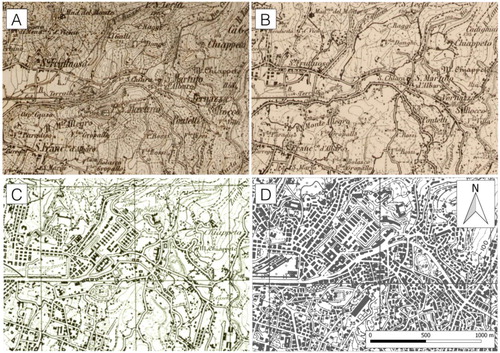 Figure 5. The evolution of urban cover in the residential neighborhoods of San Martino and San Fruttuoso using topographic maps at original scale 1:25’000 in (A) 1878; (B) 1907; (C) 1936 (from Italian Military Geographic Institute); (D) 1995 (Regional Technical Map, Regione Liguria)