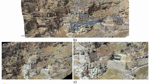 Figure 6. 3D reconstructed model of Rabban Hormizd monastery. a) Image matching samples. Matching between the drone video frame and ground frame (left). Image matching between two drone views (right). b) the oriented images taken from the crowdsource images. c) Final reality-scaled 3D model