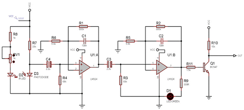 Figure 10. Schematic of sensor node circuit implementation, circuit diagram of heart rate sensor.