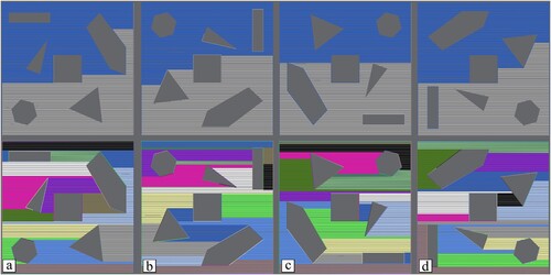 Figure 17. A single layer at four distinct angles: (a) 0°, (b) 90°, (c) 180°, (d) and 270°. Top: the generated toolpaths, Bottom: the groups generated from the grouping method.