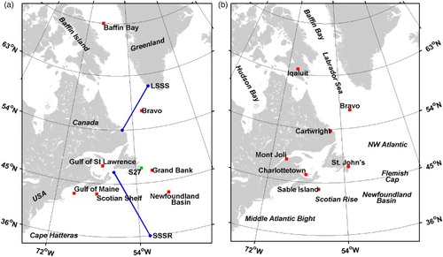 Fig. 1 (a) Map showing land areas (italics) and locations of the two sections (LSSS and SSSR) used for displays of subsurface temperature and salinity (blue lines); the seven model sites where temporal variability in SST and SSS is examined (red squares); and the ocean observation site (Station 27 or S27; green square) that is not collocated with the model site. (b) Map showing ocean areas (italics) and locations of the seven model sites (including six meteorological observation stations) where temporal variability in SAT is examined (red squares).