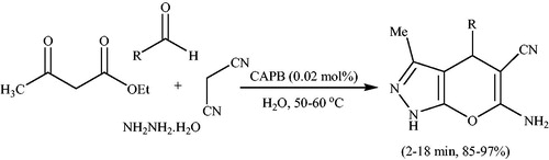 Scheme 52. Synthesis of dihydropyrano[2,3-c]pyrazoles using cocamidopropyl betaine (CAPB).